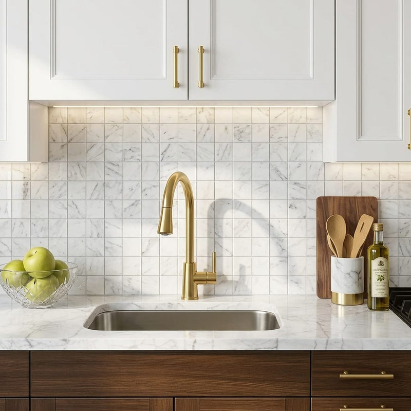 Bianco Venatino 2x2 Mesh Polished Marble Mosaic — Kitchen backsplash