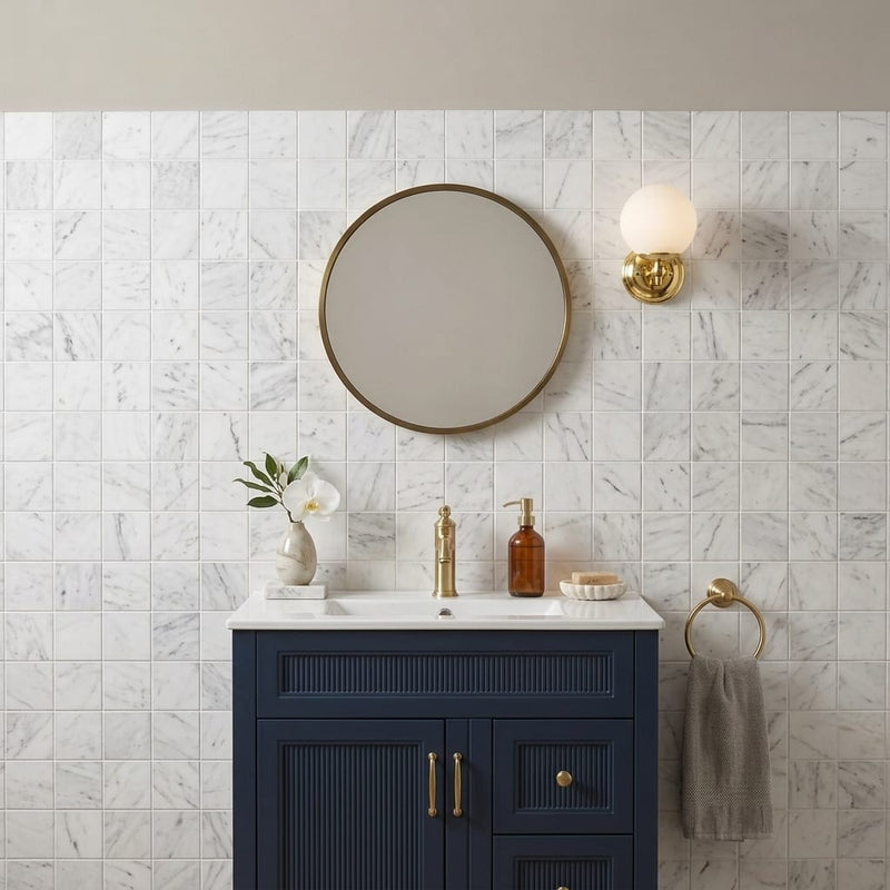 Bianco Venatino 2x2 Mesh Polished Marble Mosaic — Powder Room wall