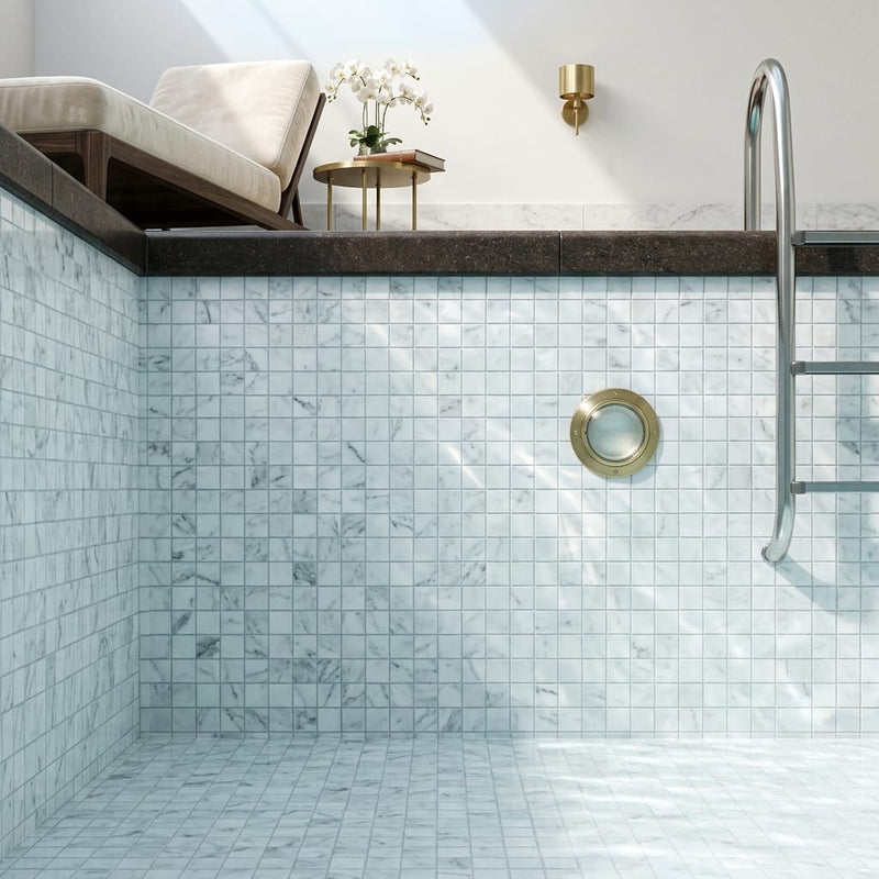 Bianco Venatino 2x2 Mesh Polished Marble Mosaic — Swimming Pool pool interior tiling