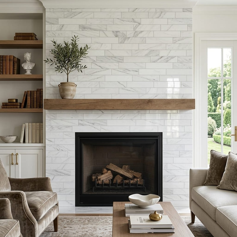 Bianco Venatino 4x16 Polished Marble Tile — Living Room fireplace surround