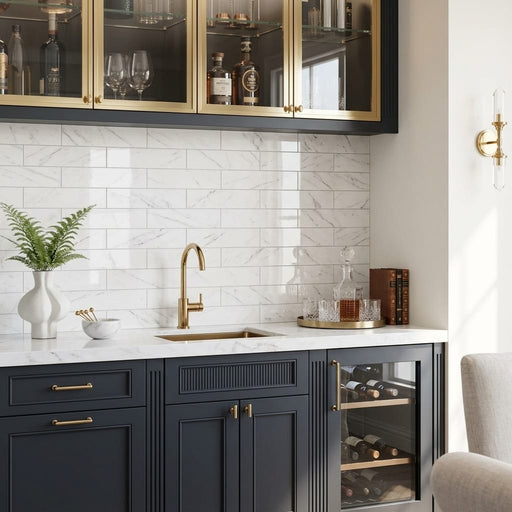 Bianco Venatino 4x16 Polished Marble Tile — Wet Bar backsplash