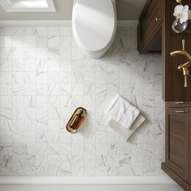 Bianco Venatino Honed 2x2 Mesh Marble Mosaic — Bathroom floor