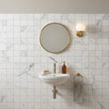 Bianco Venatino Honed 2x2 Mesh Marble Mosaic — Powder Room wall