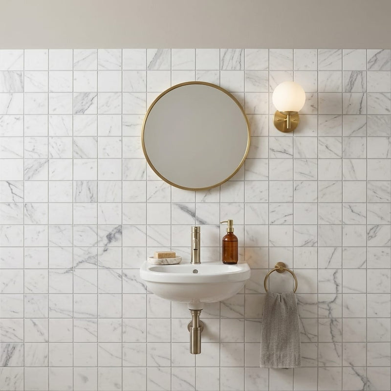 Bianco Venatino Honed 2x2 Mesh Marble Mosaic — Powder Room wall