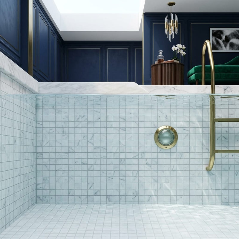 Bianco Venatino Honed 2x2 Mesh Marble Mosaic — Swimming Pool pool interior tiling