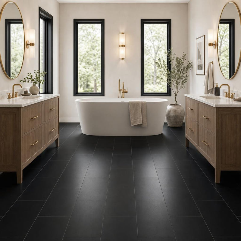 Black Basalt 12x24 Polished Tile — Bathroom floor