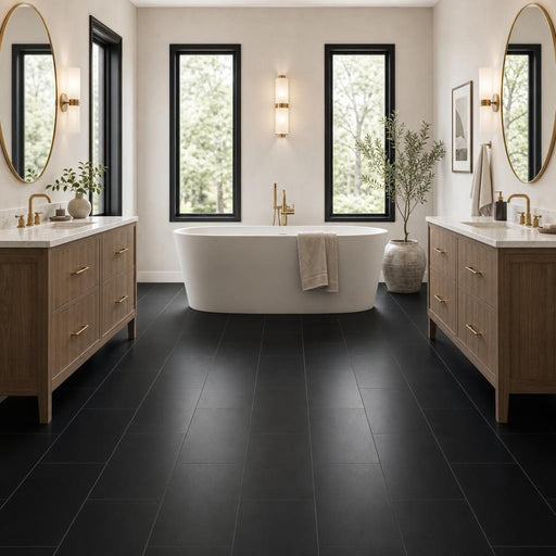 Black Basalt 12x24 Polished Tile — Bathroom floor