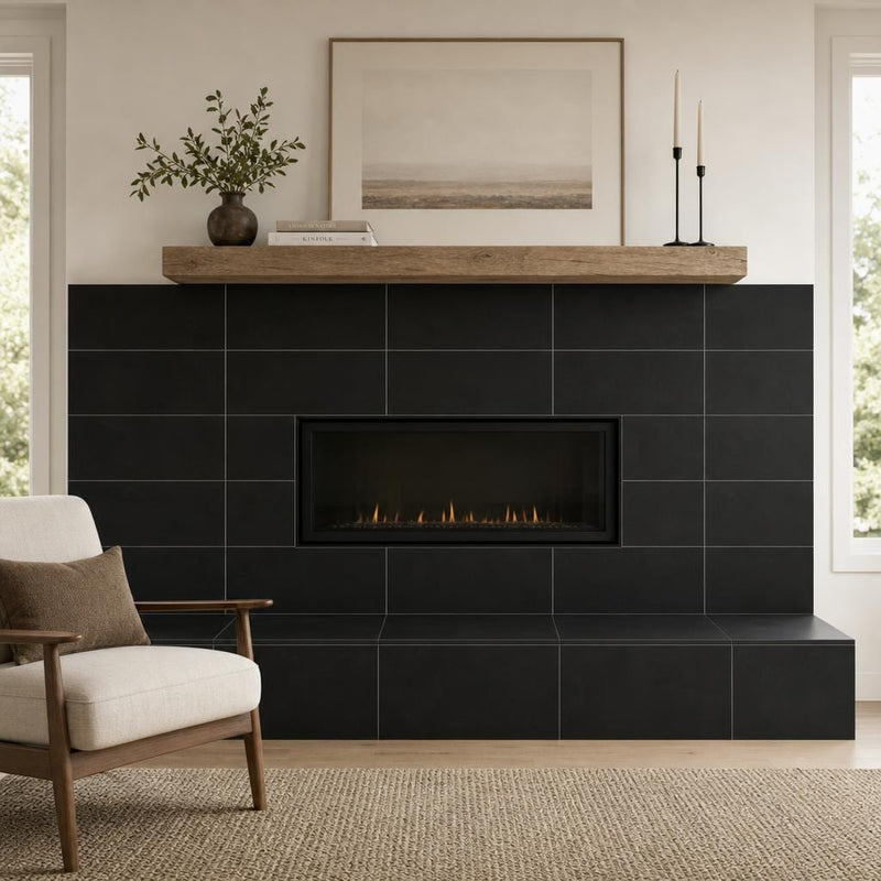 Black Basalt 12x24 Polished Tile — Living Room fireplace surround