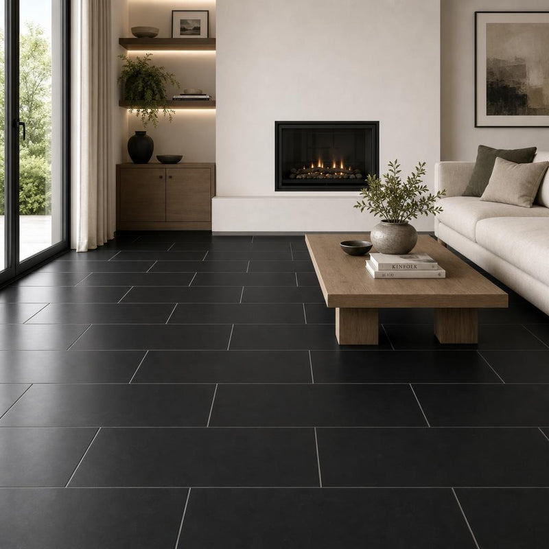 Black Basalt 12x24 Polished Tile — Living Room floor
