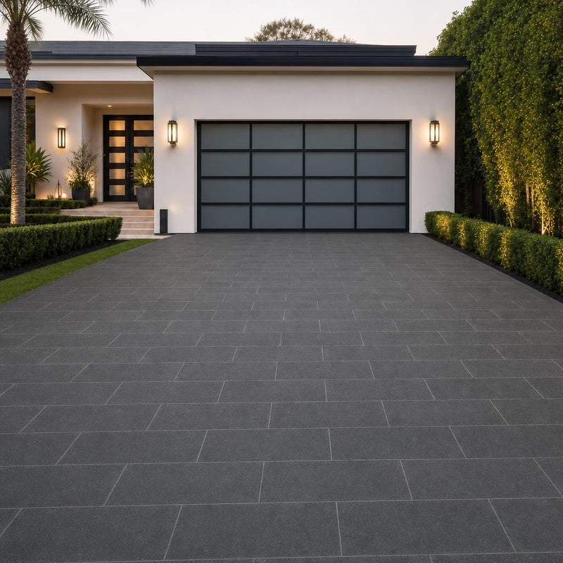 Black Basalt 12x24 Tumbled Stone Paver — Front Yard driveway