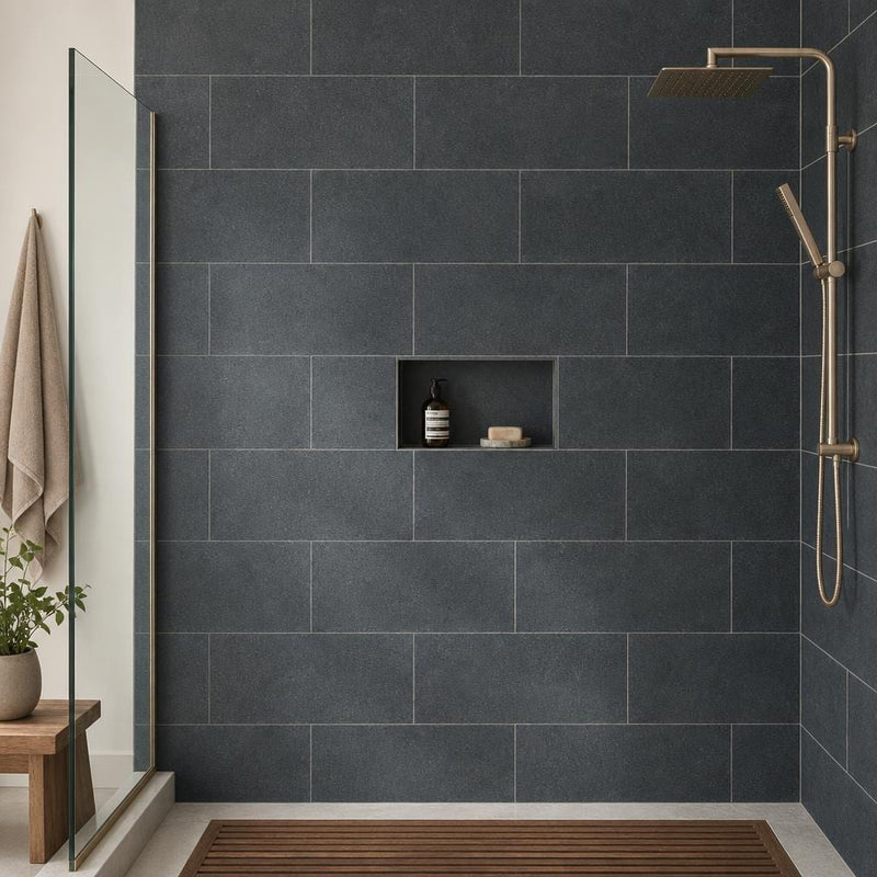 Black Basalt 12x24 Tumbled Tile — Bathroom shower wall