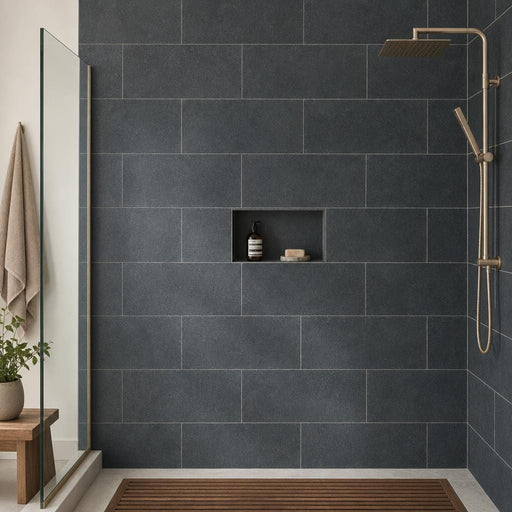 Black Basalt 12x24 Tumbled Tile — Bathroom shower wall