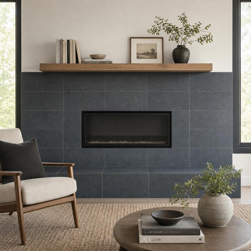 Black Basalt 12x24 Tumbled Tile — Living Room fireplace surround