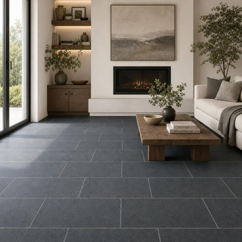 Black Basalt 12x24 Tumbled Tile — Living Room floor
