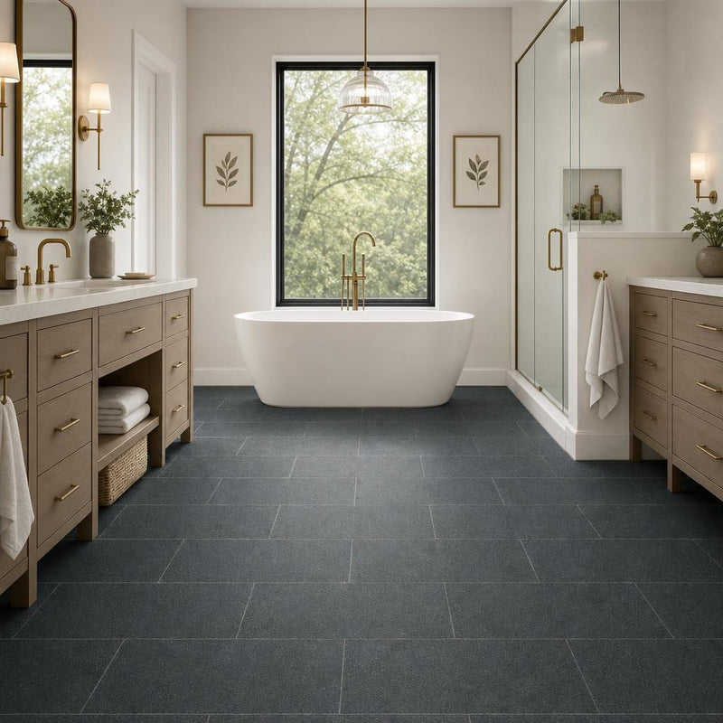 Black Basalt 12x24 Tumbled Tile — Primary Bath floor