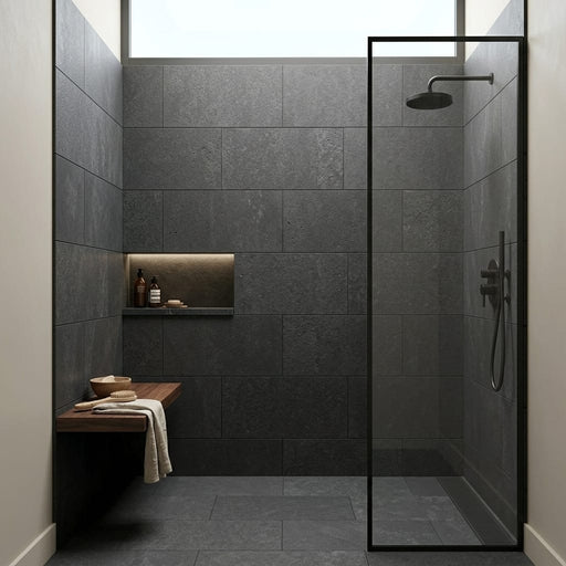 Black Basalt 18x36 Flamed Basalt Tile — Bathroom shower wall