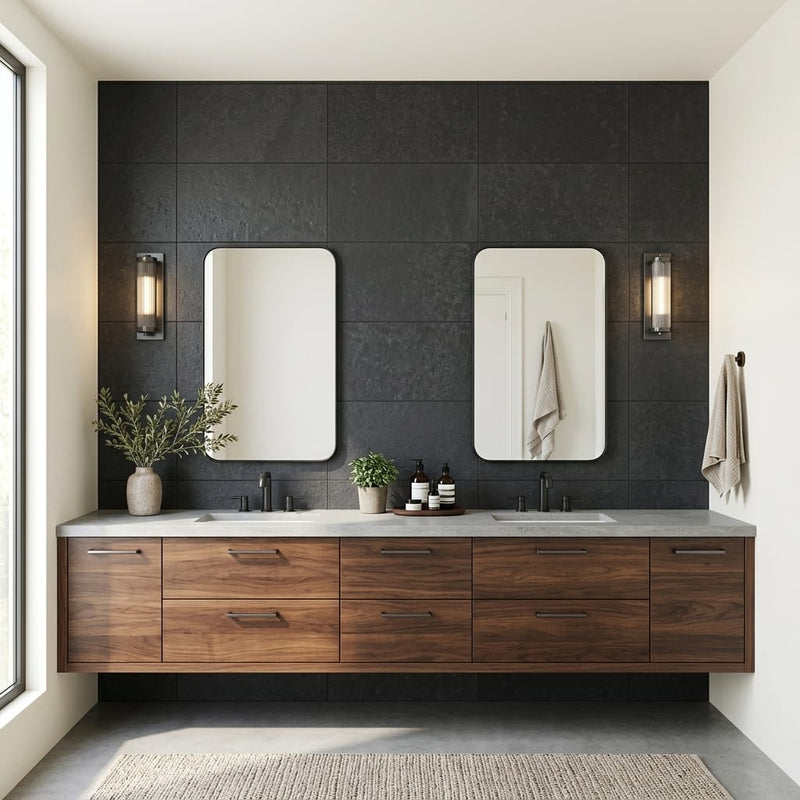 Black Basalt 18x36 Flamed Basalt Tile — Bathroom vanity wall