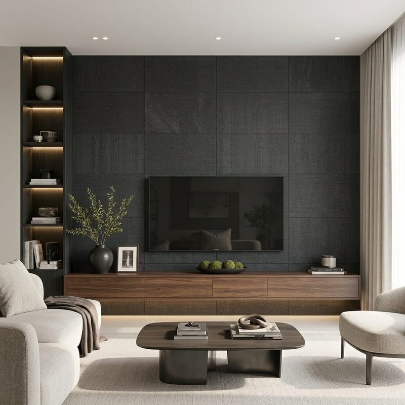 Black Basalt 18x36 Scratched (Combed) Basalt Tile — Living Room feature wall