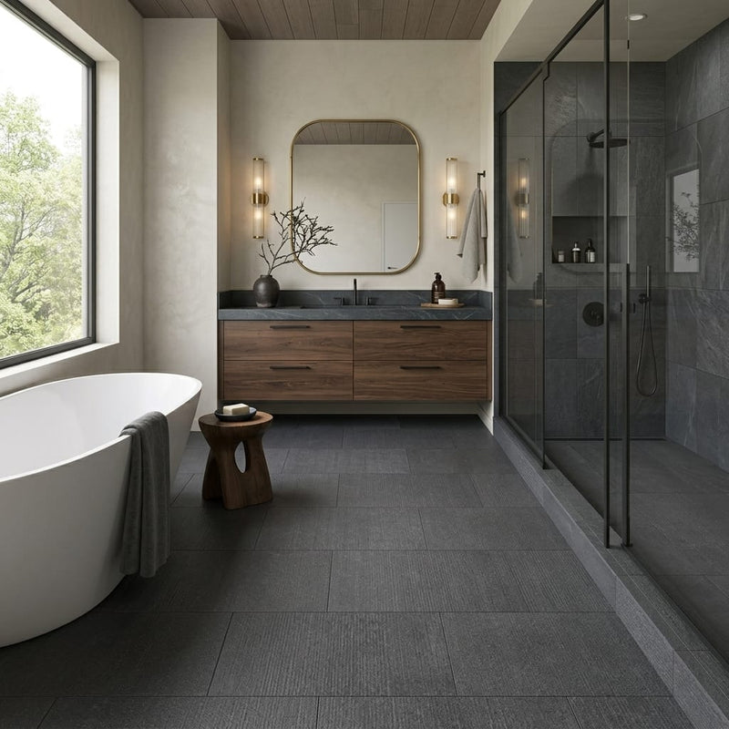 Black Basalt 18x36 Scratched (Combed) Basalt Tile — Primary Bath floor