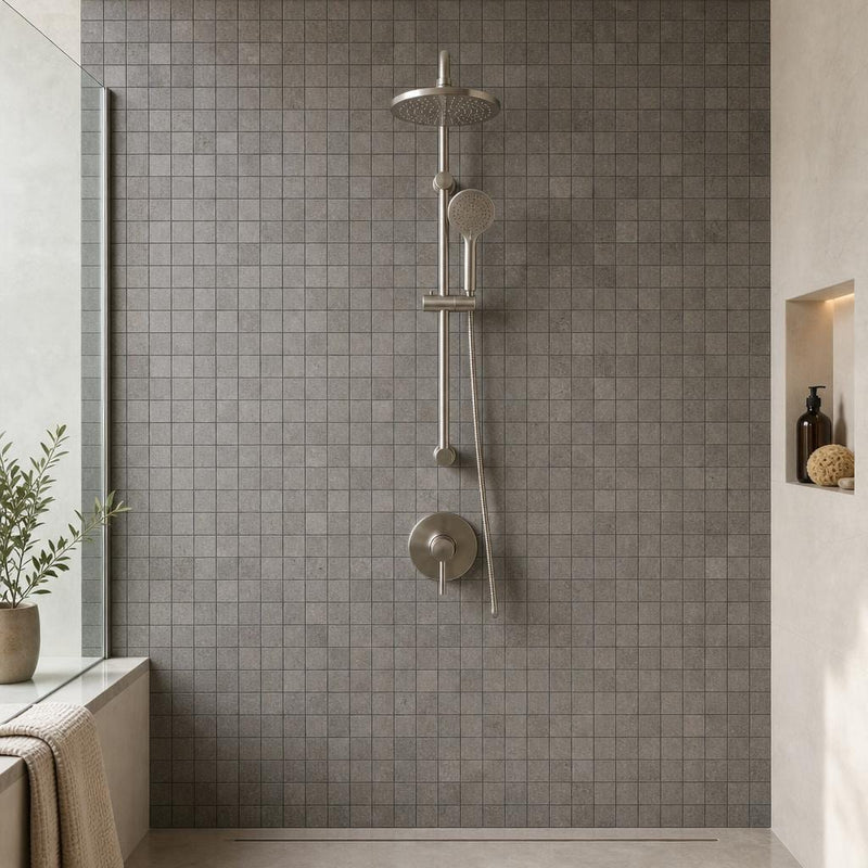 Black Basalt 2x2 Polished Mosaic Tile — Bathroom shower wall