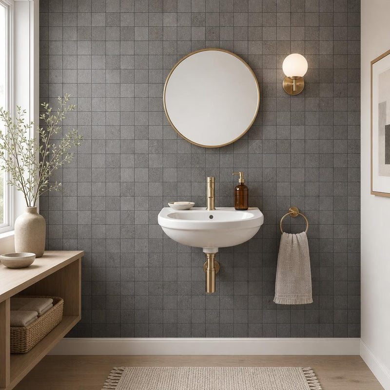 Black Basalt 2x2 Polished Mosaic Tile — Powder Room wall