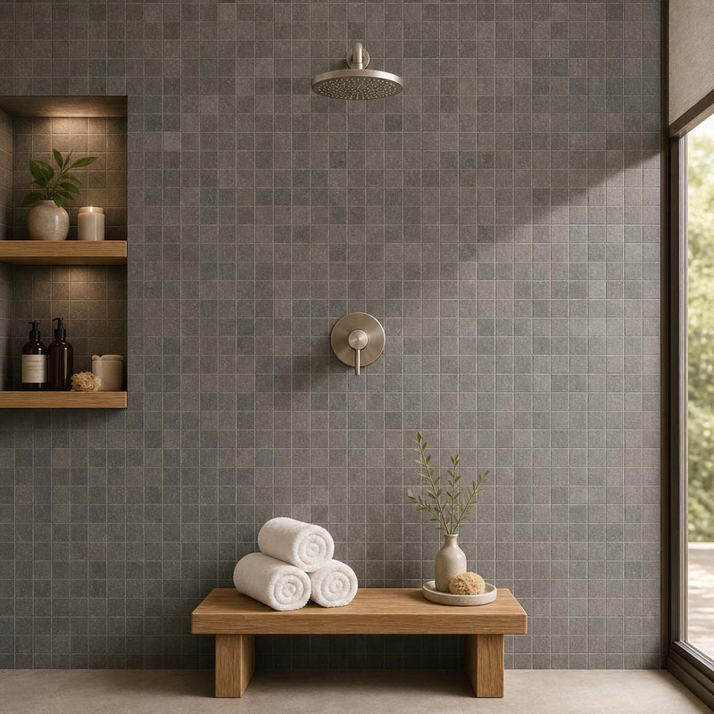 Black Basalt 2x2 Polished Mosaic Tile — Spa spa interior