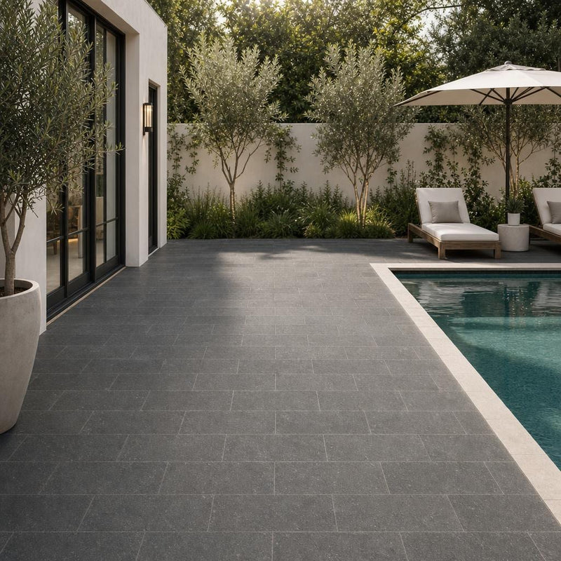 Black Basalt 6x12 Tumbled Stone Paver — Backyard pool deck
