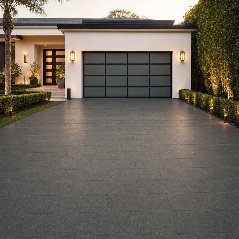 Black Basalt Paver 12x24 Tumbled 1.25 inch — Front Yard driveway