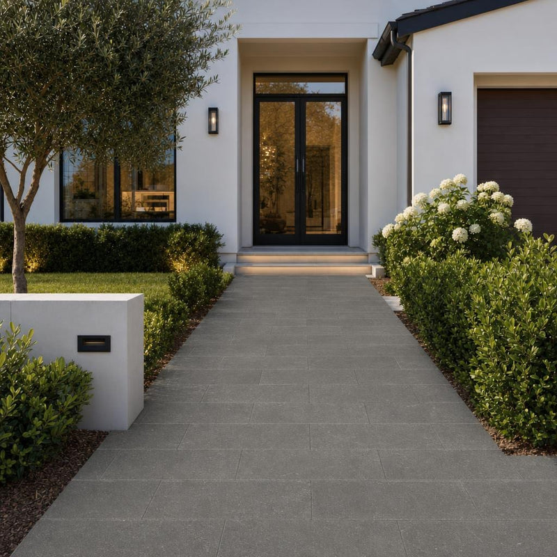 Black Basalt Paver 12x24 Tumbled 1.25 inch — Front Yard walkway