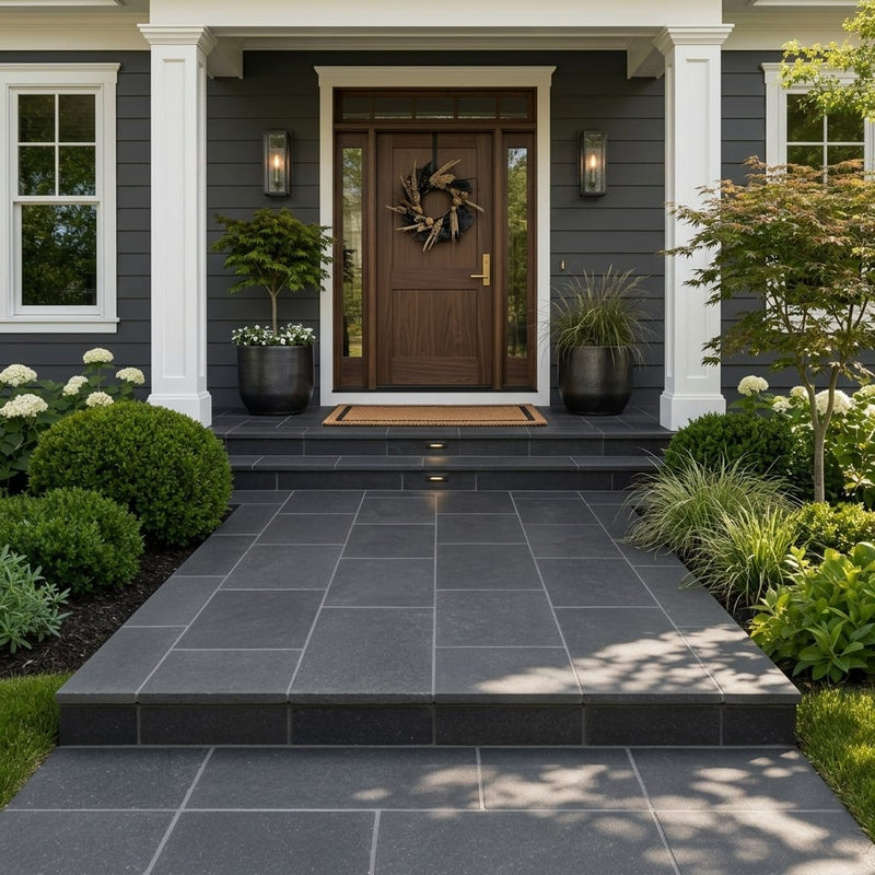 Black Basalt Paver 16x24 Tumbled 1.25 inch — Front Yard front porch