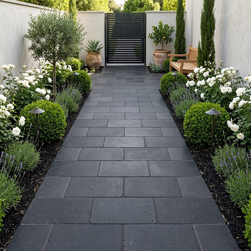 Black Basalt Paver 16x24 Tumbled 1.25 inch — Garden path