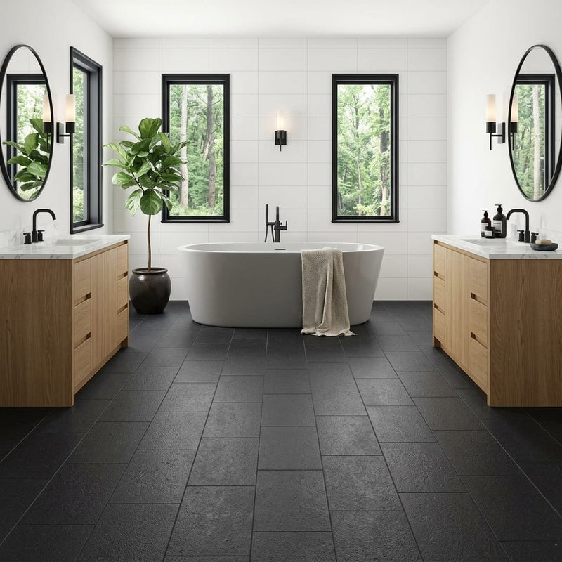 Black Basalt Tile 12x24 Flamed — Bathroom floor