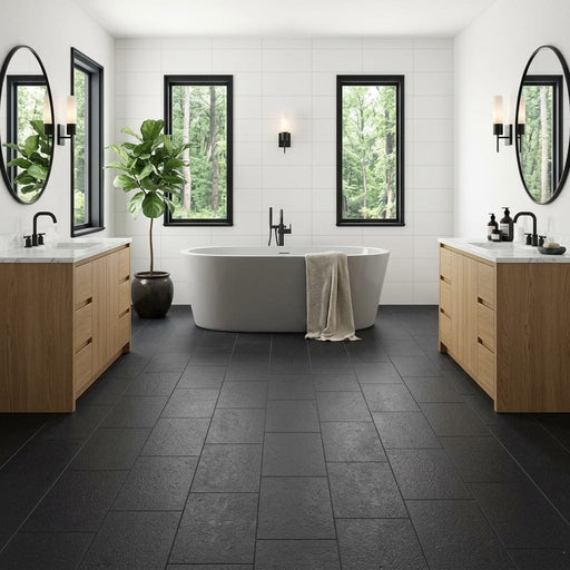 Black Basalt Tile 12x24 Flamed — Bathroom floor