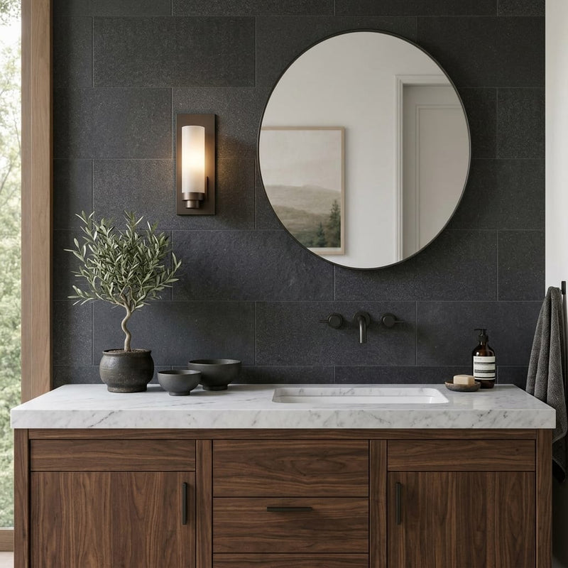 Black Basalt Tile 12x24 Flamed — Bathroom vanity wall