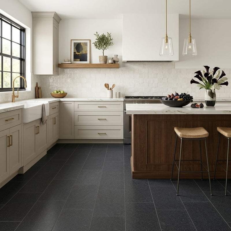 Black Basalt Tile 12x24 Flamed — Kitchen floor
