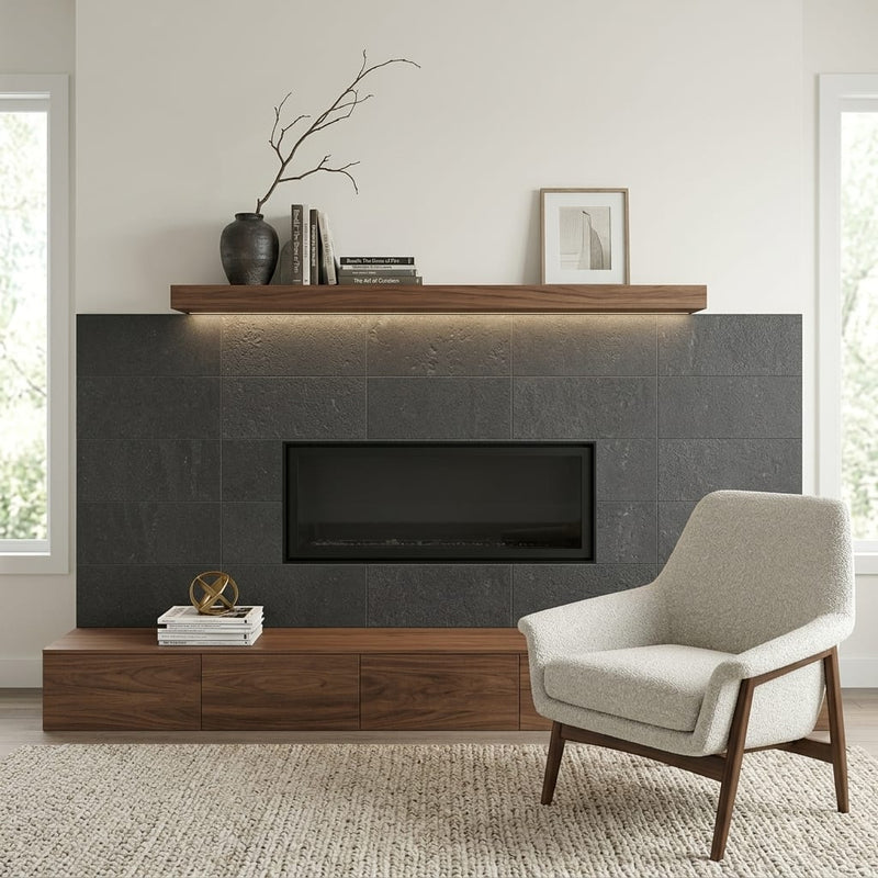 Black Basalt Tile 12x24 Flamed — Living Room fireplace surround