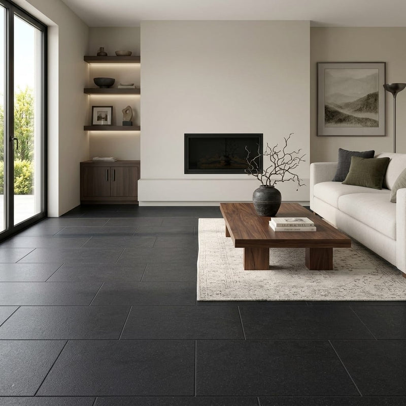 Black Basalt Tile 12x24 Flamed — Living Room floor
