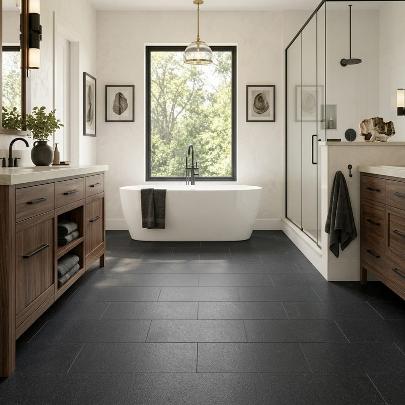 Black Basalt Tile 12x24 Flamed — Primary Bath floor