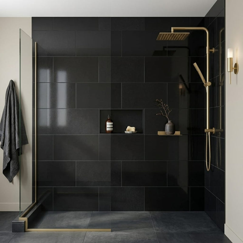 Black Basalt Tile 12x24 Polished — Bathroom shower wall