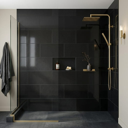 Black Basalt Tile 12x24 Polished — Bathroom shower wall