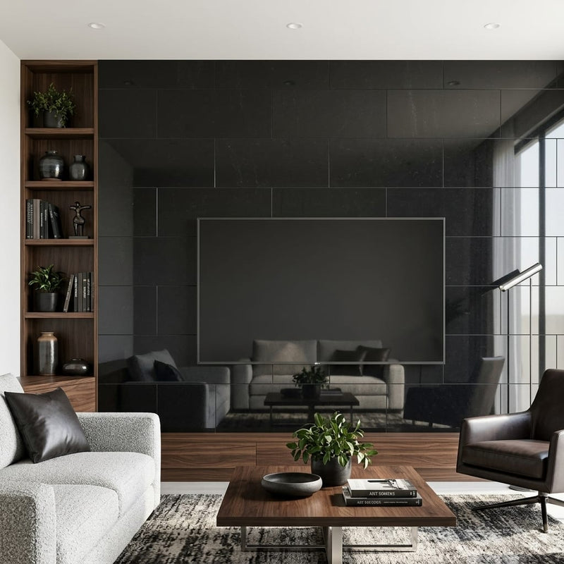 Black Basalt Tile 12x24 Polished — Living Room feature wall