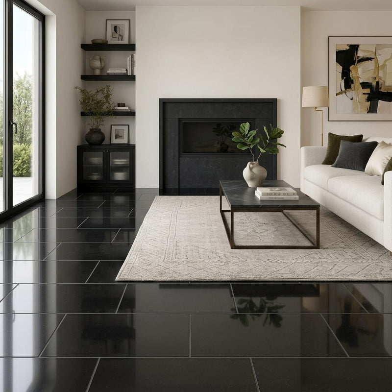 Black Basalt Tile 12x24 Polished — Living Room floor