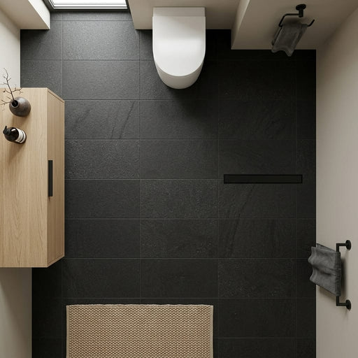 Black Basalt Tile 16x24 Flamed — Bathroom floor