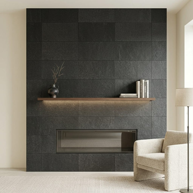 Black Basalt Tile 16x24 Flamed — Living Room fireplace surround