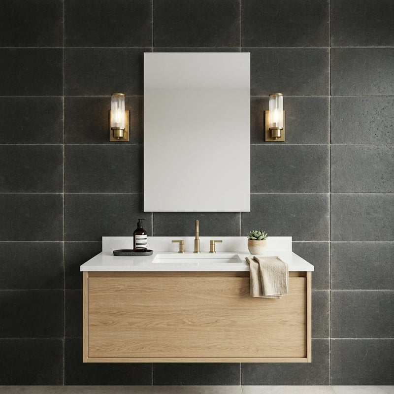 Black Basalt Tile 16x24 Tumbled — Bathroom vanity wall