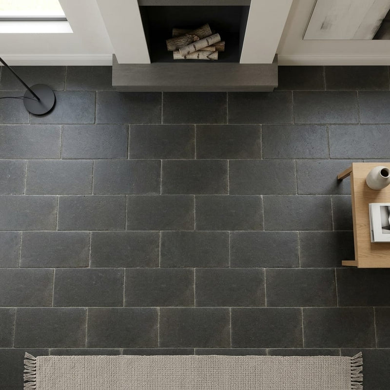 Black Basalt Tile 16x24 Tumbled — Living Room floor