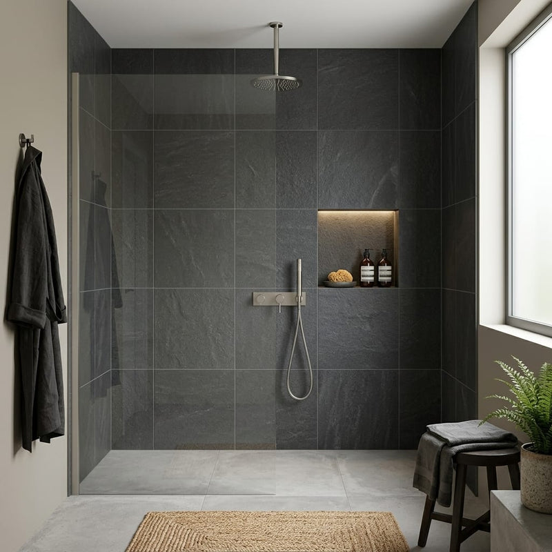 Black Basalt Tile 24x24 Flamed — Bathroom shower wall