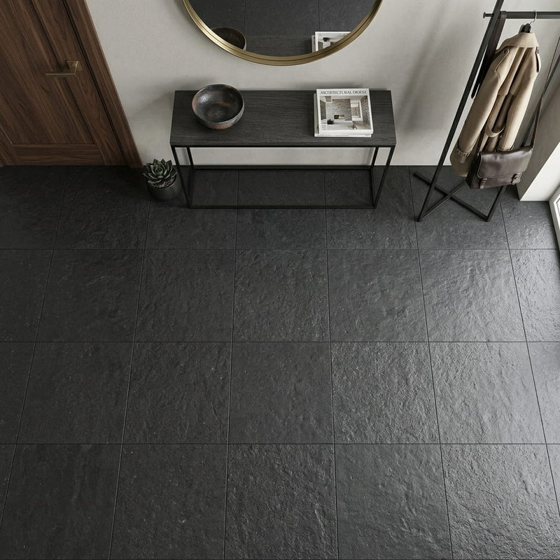Black Basalt Tile 24x24 Flamed — Foyer floor