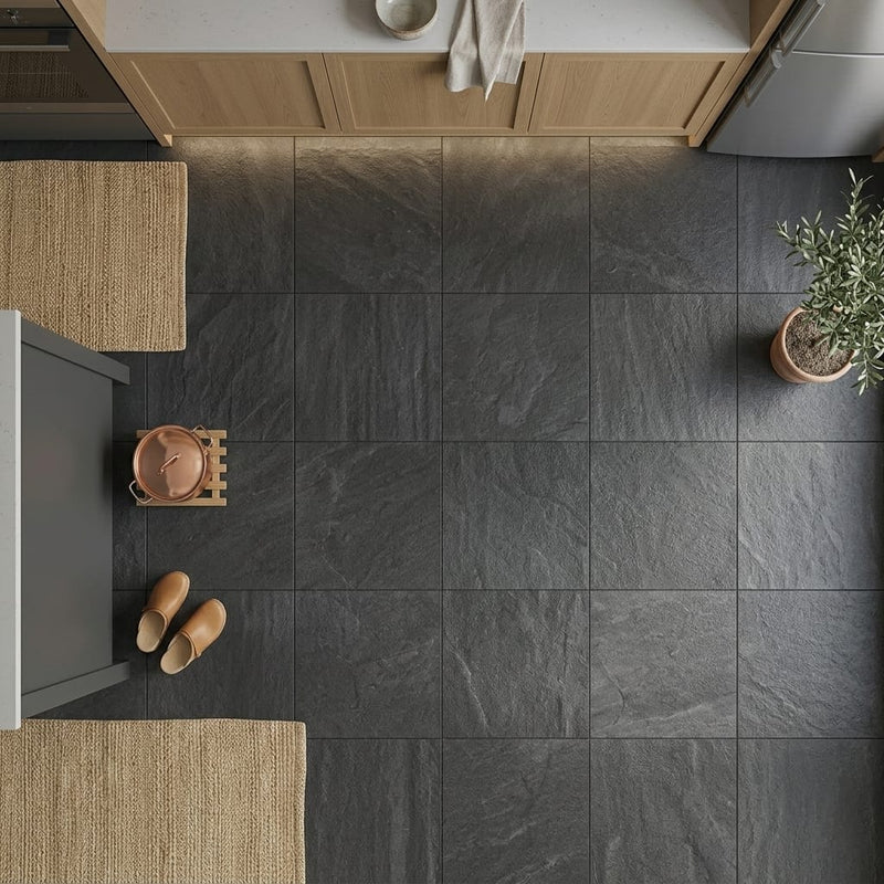 Black Basalt Tile 24x24 Flamed — Kitchen floor