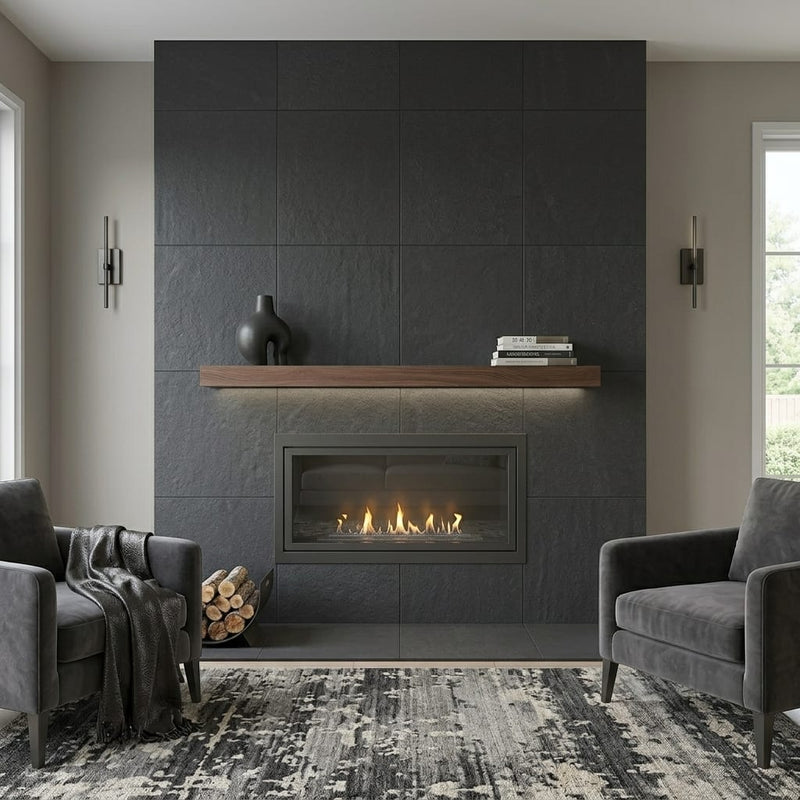 Black Basalt Tile 24x24 Flamed — Living Room fireplace surround